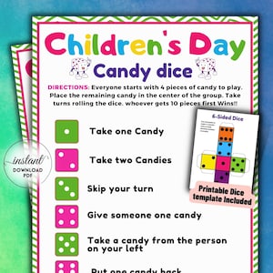 Candy Dice game, Children&#39;s day game, Printable Paper Dice, Kids party game, Printable game for kids, activity for kids, printable Dice Game