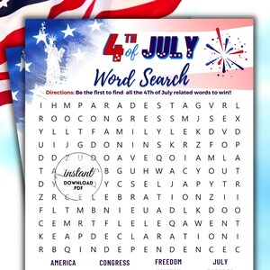 Fourth of July Word Search, Printable Fourth of July Game, Independence Day Activity For Kids and Adults, Fourth of July Party Game, US game