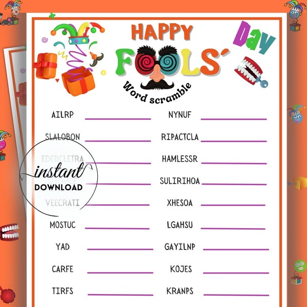 Word Scramble game, Happy fools Day Word scramble game, April fools Day pranks game, spring games, April fools day printable, fun activities