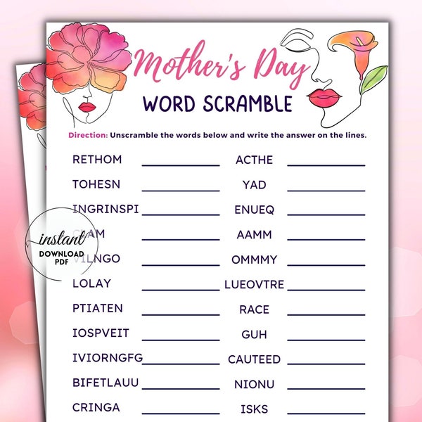 Mother's Day Word Scramble game, Word Scramble, Mothers word search, scramble word search, Mother's Day Activities for Kids & Adults, word 3