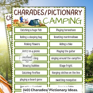 Charadas de acampamento, jogo de cartas Pictionary, atividades de acampamento para crianças e adultos, jogo de acampamento divertido, jogo de acampamento para impressão, 40 ideias de charadas