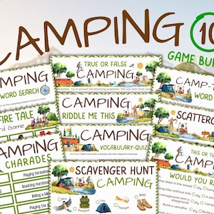 Camping Games, 10 pack games, Camping Activities for Kids & Adults, Printable camping games, Kids Travel Games, Campfire games, Party games