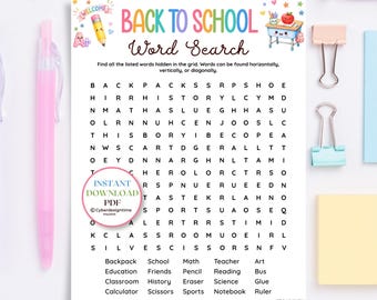 May include: A Back to School word search activity sheet featuring a grid of letters, a list of school-themed words to find, and colorful illustrations of a pencil, an apple on a desk, and the text Welcome and A+ at the top of the page.