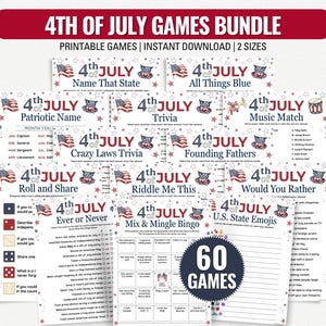 Pode incluir: Um pacote de jogos imprimíveis do 4 de julho. A imagem apresenta várias folhas de jogo com títulos como "Name That State", "Trivia" e "Would You Rather". O pacote inclui 60 jogos no total, perfeitos para as celebrações do Dia da Independência.
