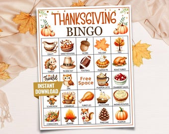 May include: Thanksgiving Bingo game card with illustrations of fall-themed items like pumpkins, turkey, and acorns. The card includes the text "Thanksgiving Bingo" and "Instant Download". The game is designed with a watercolor style.