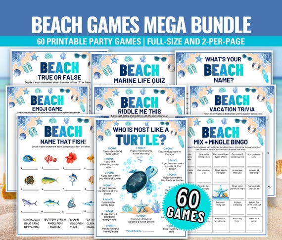Printable Beach Games Bundle, Trivia, Charades (PDF)
