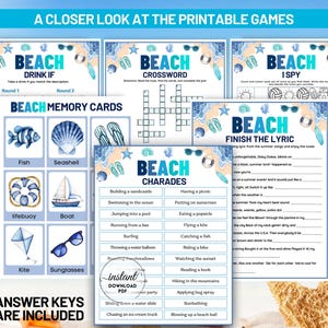 以下が含まれることがあります： クロスワード、I Spy、Finish the Lyric、Charades、Memory Cardsなど、印刷可能なビーチをテーマにしたゲームのコレクション。魚、貝殻、サングラスなどのビーチアイテムのイラストが特徴です。回答キーが含まれています。
