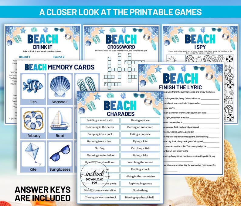 以下が含まれることがあります： クロスワード、I Spy、Finish the Lyric、Charades、Memory Cardsなど、印刷可能なビーチをテーマにしたゲームのコレクション。魚、貝殻、サングラスなどのビーチアイテムのイラストが特徴です。回答キーが含まれています。