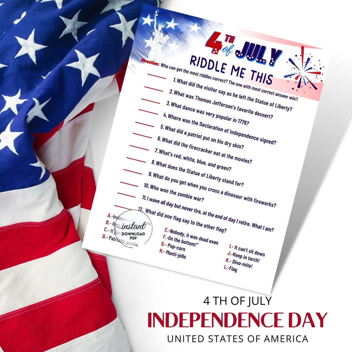 Fourth of July Riddles, Printable Fourth of July Game, Independence Day