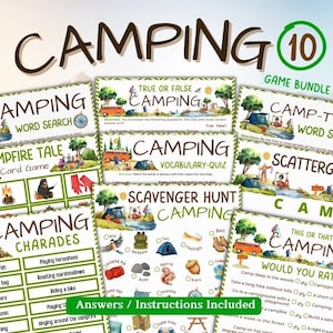 Camping Games, 10 pack games, Camping Activities for Kids & Adults, Printable camping games, Kids Travel Games, Campfire games, Party games