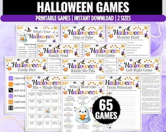 May include: A collection of printable Halloween games with various themes, including trivia, family feud, and emoji pictionary. The image features a variety of game cards with spooky graphics and the text "Halloween Games". The games are available in two sizes.