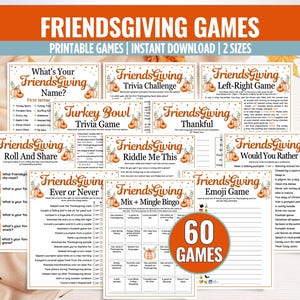 May include: A collection of printable Friendsgiving games, featuring various game cards with fall-themed graphics like pumpkins and leaves. The games include trivia, emoji games, and more. The image also includes the text "60 GAMES".