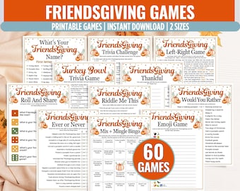May include: A collection of printable Friendsgiving games, featuring various game cards with fall-themed graphics like pumpkins and leaves. The games include trivia, emoji games, and more. The image also includes the text "60 GAMES".
