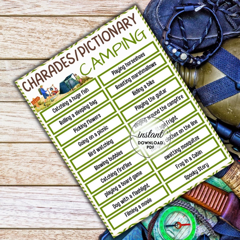 Camping Charades, Pictionary Card Game, Camping Activities for Kids