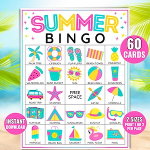 Bingo de verano, 60 cartones de bingo de verano, set imprimible de bingo de verano, actividad divertida de verano para todas las edades, bingo vacacional, paquete de bingo de verano