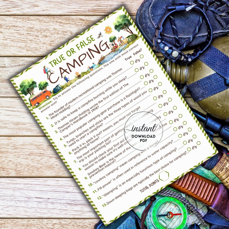 Camping Trivia Game, True or False Game, Fun Camping Game, Printable