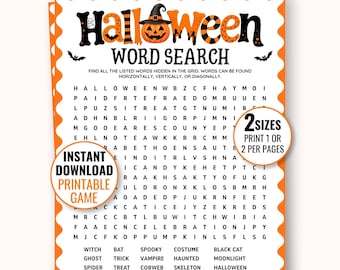 May include: A Halloween word search game sheet with an orange scalloped border. The title features a pumpkin wearing a witch hat. It includes a letter grid, a list of words to find, and circular overlays stating INSTANT DOWNLOAD PRINTABLE GAME and 2 SIZES PRINT 1 OR 2 PER PAGES.