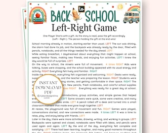 May include: A printable Back to School Left-Right game sheet featuring a cartoon pencil, a school bus, and a rainbow. The text includes instructions and a story with directional cues. A circular gold badge reads INSTANT DOWNLOAD PDF.