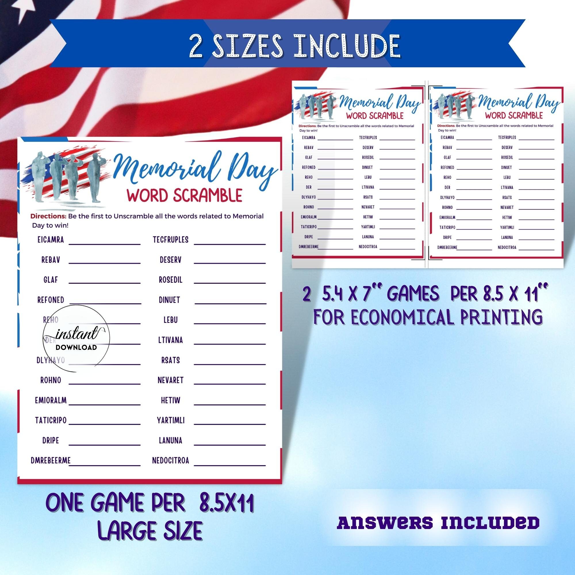 メモリアルデーのワードスクランブル：ファミリーゲーム（印刷可能なPDF） - Etsy 日本