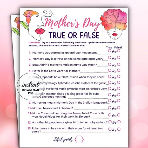 Mother's Day Trivia Quiz True or False Game Mother Day Etsy
