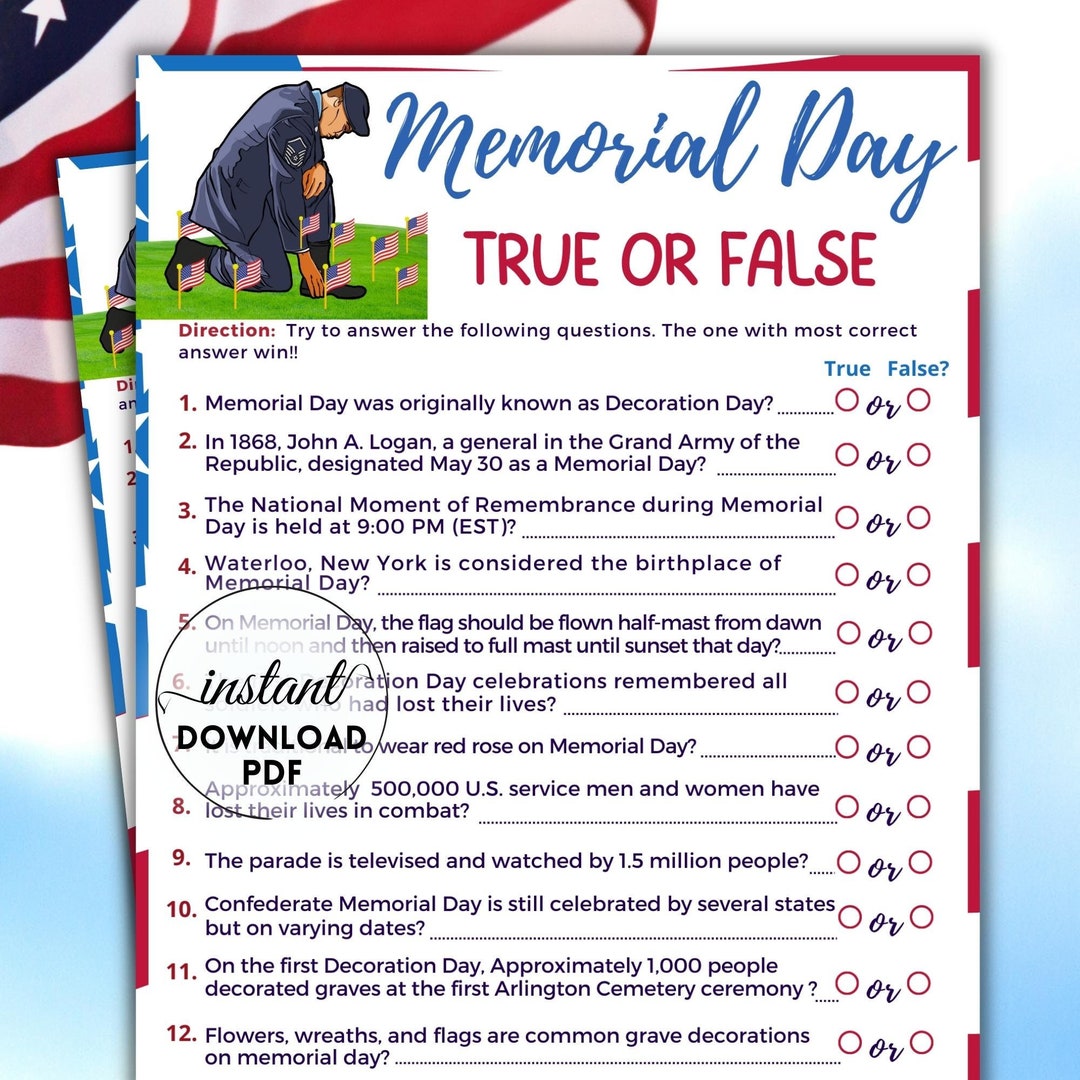 Memorial Day Trivia Game True or False Game Memorial Day