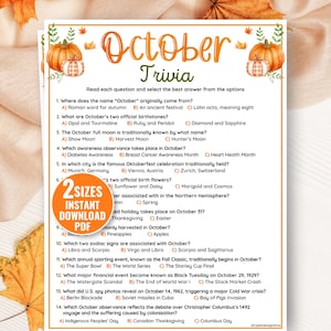 May include: A printable October trivia game sheet featuring orange and green pumpkin illustrations, autumn leaves, and fourteen multiple-choice questions. A circular orange badge on the left states 2 SIZES INSTANT DOWNLOAD PDF.