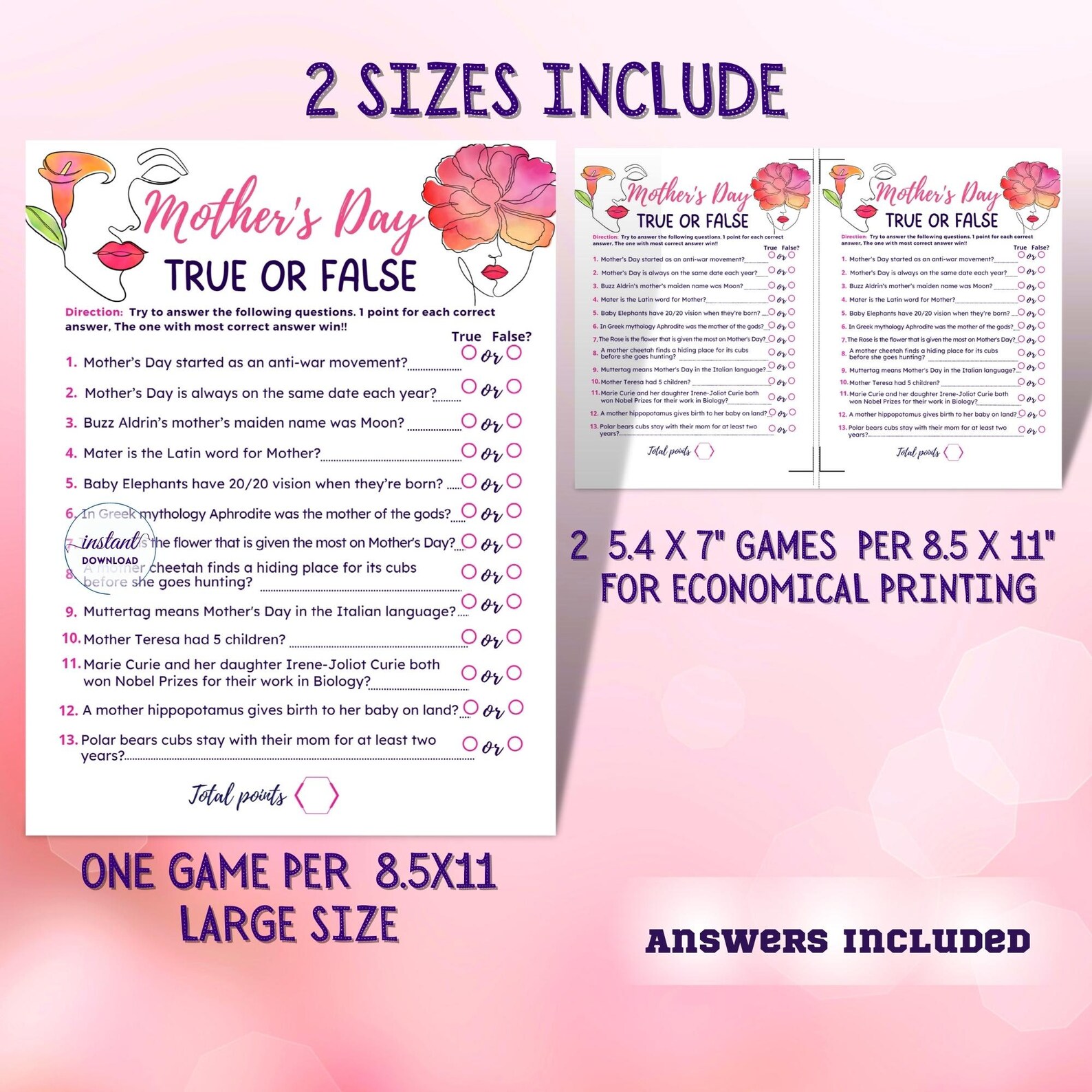 Mother's Day Trivia Quiz True or False Game Mother Day Trivia Game
