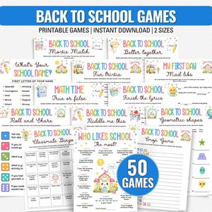 May include: A collection of printable back to school games featuring colorful pastel graphics, including titles like Back to School Movie Match, Better Together, What's Your School Name, Fun Trivia, Mad Libs, Math Time, Finish the Lyrics, and Bingo.