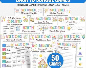 May include: A collection of printable back to school games featuring colorful pastel graphics, including titles like Back to School Movie Match, Better Together, What's Your School Name, Fun Trivia, Mad Libs, Math Time, Finish the Lyrics, and Bingo.