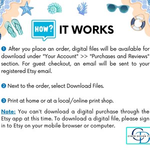 以下が含まれることがあります： 「How It Works」というタイトルのデジタルダウンロードガイド。ビーチをテーマにしたイラストが特徴です。購入後にデジタルファイルをダウンロードし、印刷する手順について説明しています。
