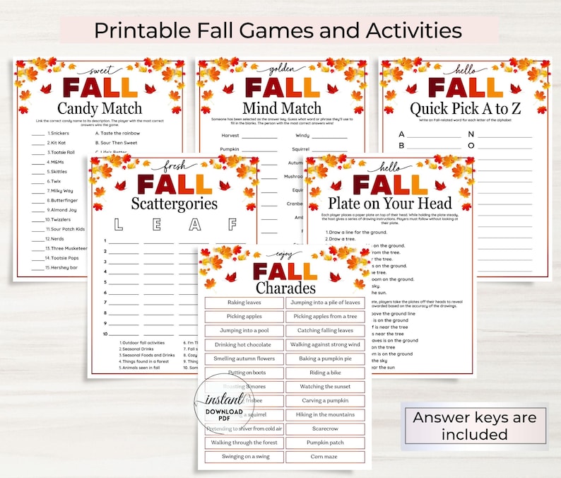 Fall Games Bundle: 65 Printable Activities, Seasonal Trivia, Party ...