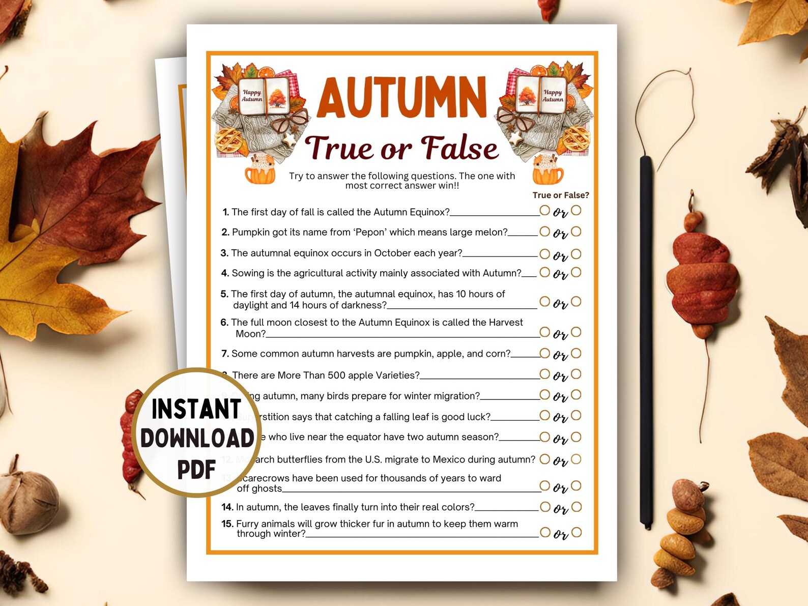Autumn Trivia,true or False Game,printable Game for Kids &amp; Adults Game,quiz Game,harvest Trivia ...