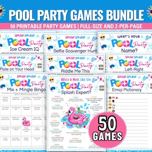 May include: A collection of 50 printable pool party games. The design features a blue background with sun and sunglasses graphics. The game titles include "Ice Cream IQ", "Selfie Scavenger Hunt", and "Emoji Pictionary". The text "Pool Party Games Bundle" is at the top.