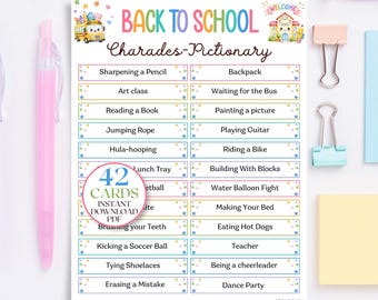 May include: A Back to School Charades-Pictionary game sheet featuring a list of 42 activity prompts. The white paper includes colorful illustrations of a school bus and school building, with text in rainbow colors and a circular 42 cards badge.