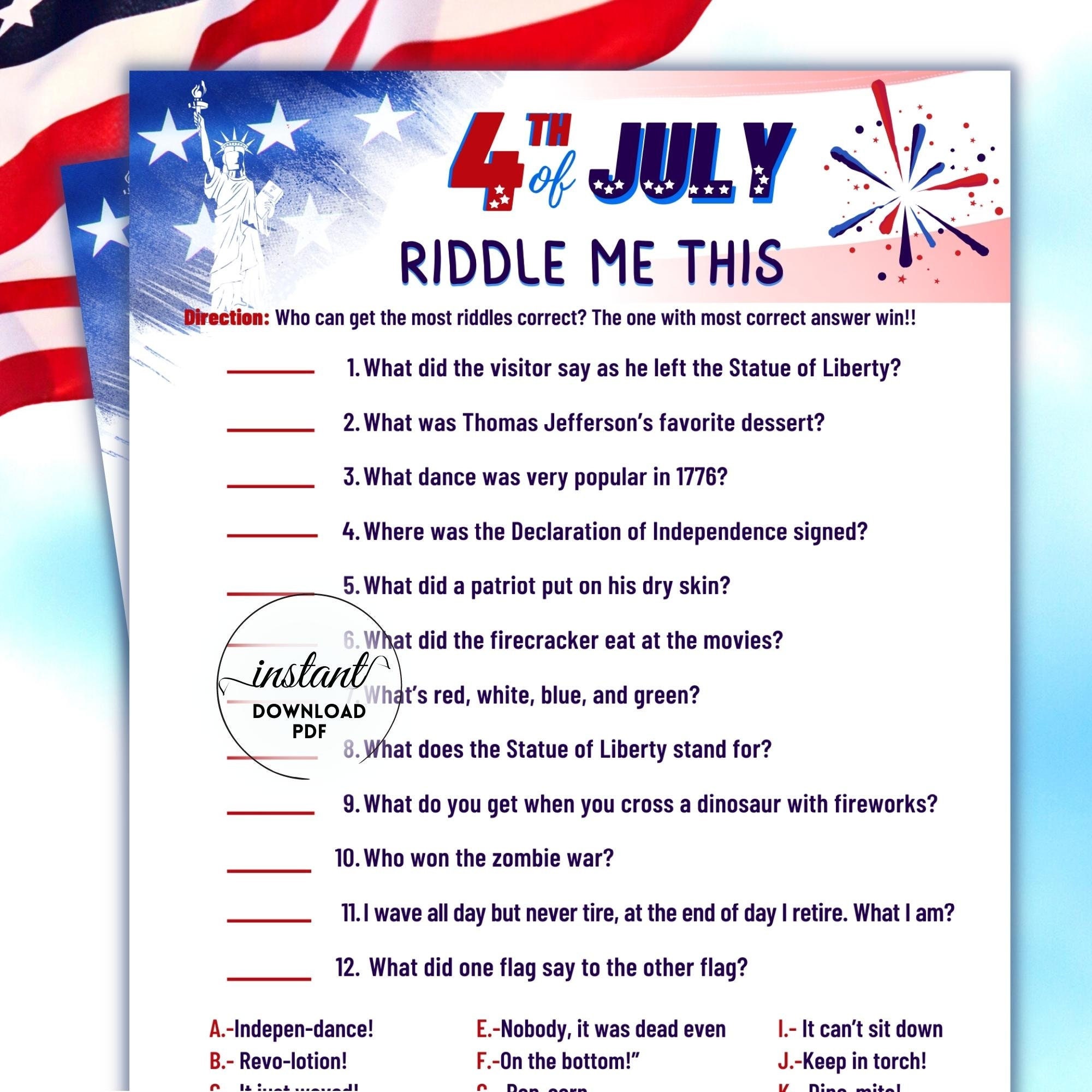 Fourth of July Riddles Printable Fourth of July Game - Etsy