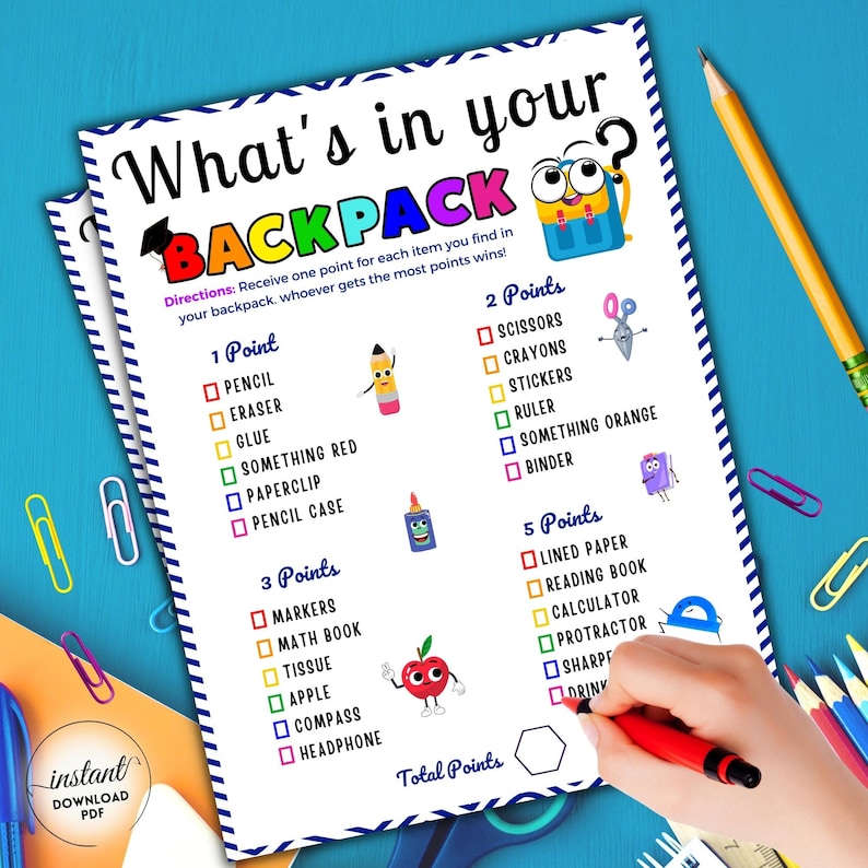 What's in Your Backpack, Printable Back to School Game, School