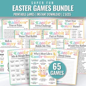 May include: A bundle of Easter games with a pastel color scheme. The text reads "Easter Games Bundle" and includes games like "True or False," "Trivia Challenge," and "Would You Rather." The bundle includes 65 games and is available for instant download.
