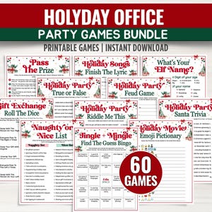 May include: A bundle of 60 printable holiday office party games. The games include trivia, bingo, and other fun activities. The title at the top reads "HOLIDAY OFFICE PARTY GAMES BUNDLE".