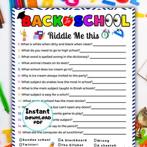 Back to school riddles, Printable Back to School Game, First Day of School Activities, School Games for Kids, Teacher Resources, Riddles