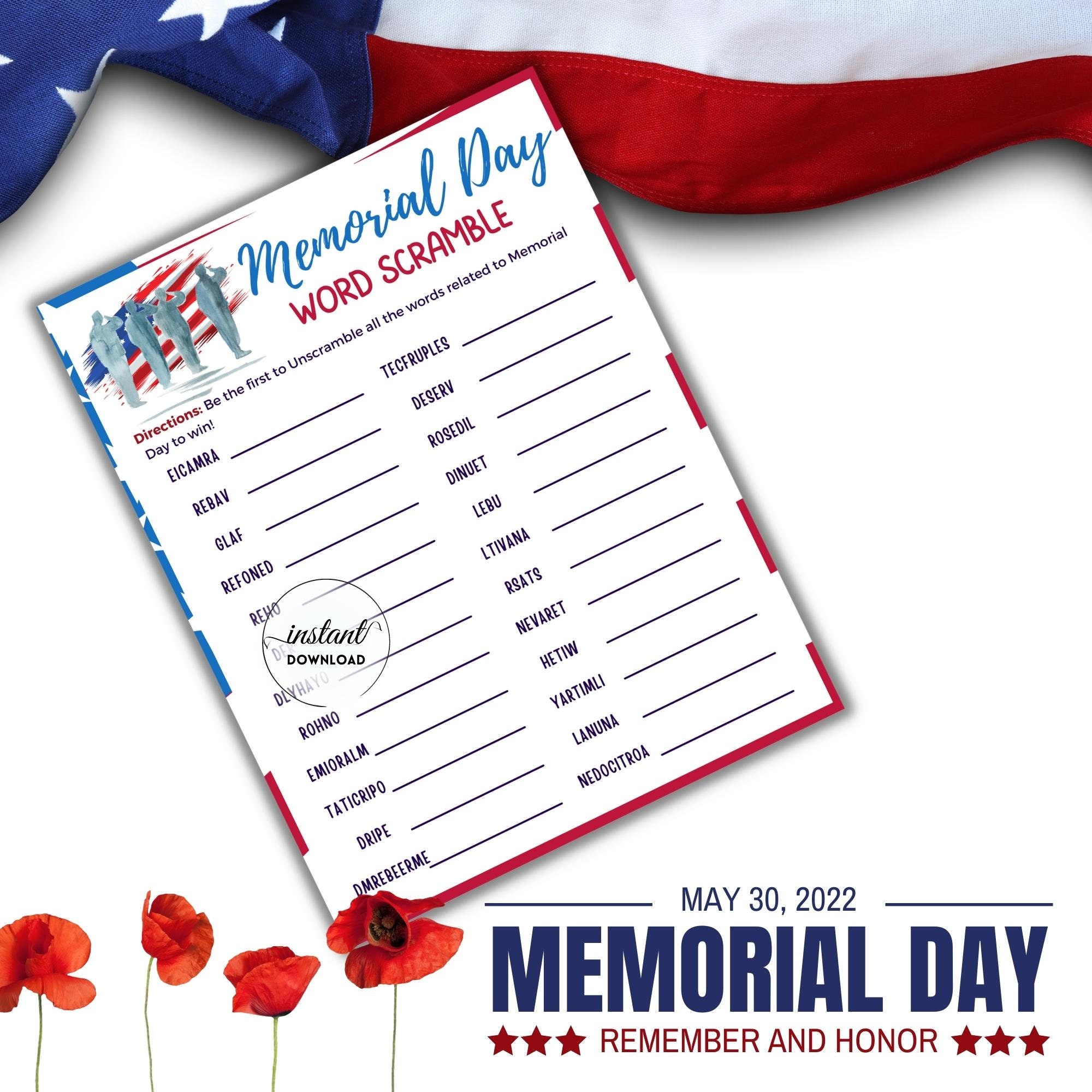 メモリアルデーのワードスクランブル：ファミリーゲーム（印刷可能なPDF） - Etsy 日本