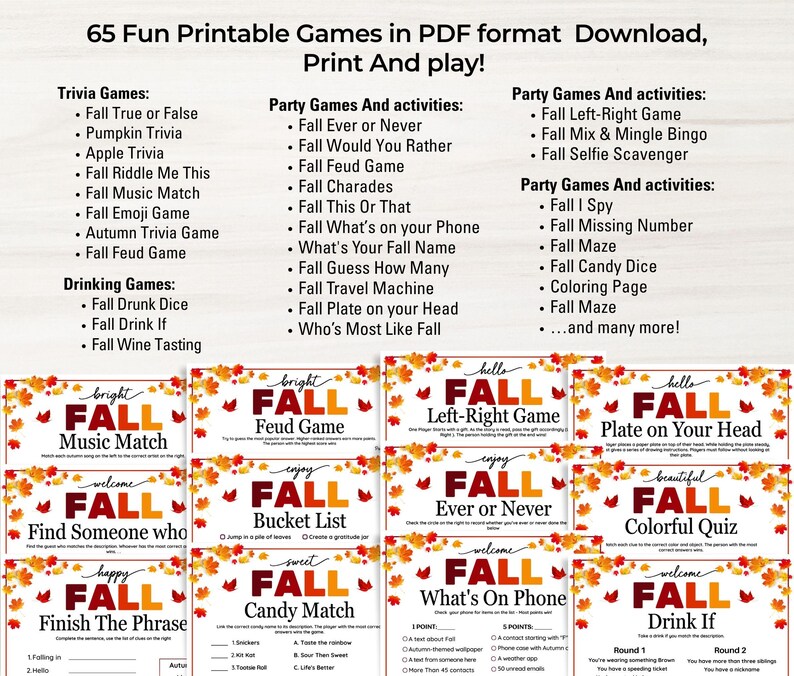Fall Games Bundle: 65 Printable Activities, Seasonal Trivia, Party ...
