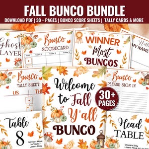 May include: A Fall Bunco bundle of printable PDF game materials featuring over 30 pages of score sheets, tally cards, and signs. The designs include autumn leaves, pumpkins, and mushrooms with text like Welcome to Fall Y'all Bunco.