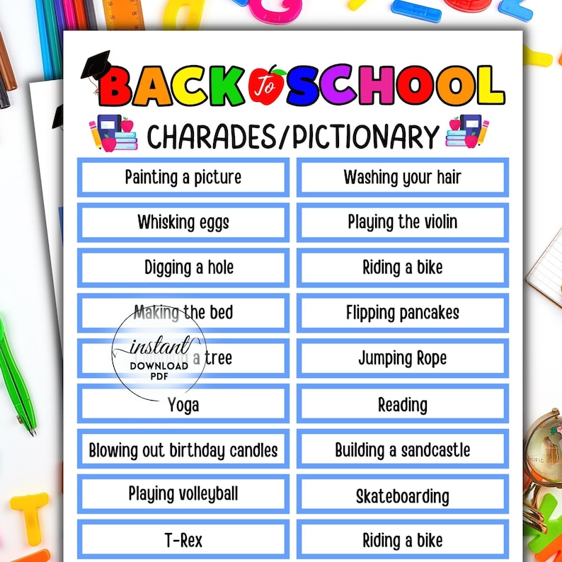 Back to School Charades/ Pictionary Game, Printable Back to School Game, Teacher Resources