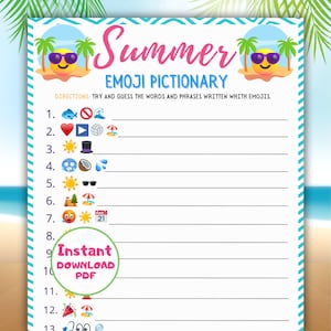 Sommer Emoji Pictionary Game, Gesellschaftsspiele, Emoji Trivia, Sommeraktivitäten für Erwachsene und Kinder, druckbare Sommerspiele, Emoji-Spiel, Spaß