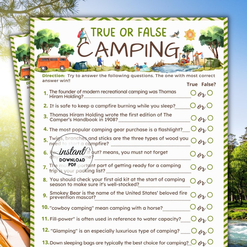 Camping Trivia Game, True or False Game, Fun Camping Game, Printable ...
