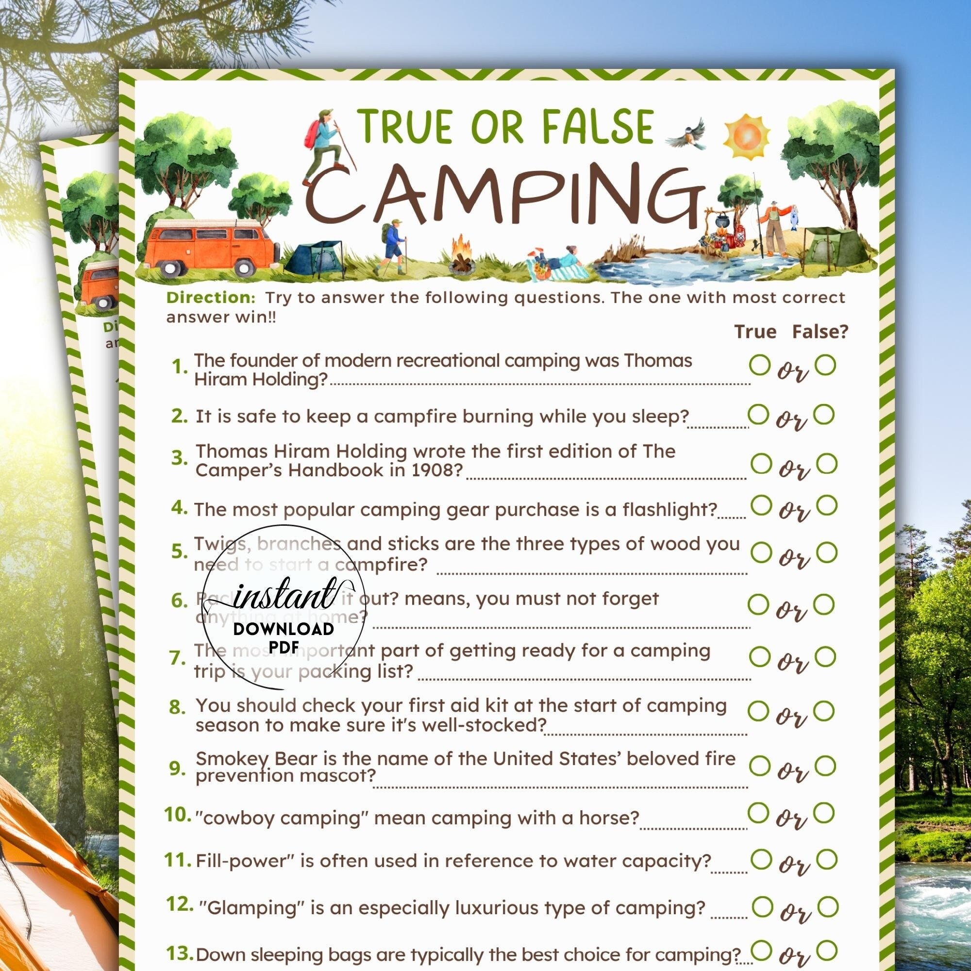 Camping Trivia Game, True or False Game, Fun Camping Game, Printable