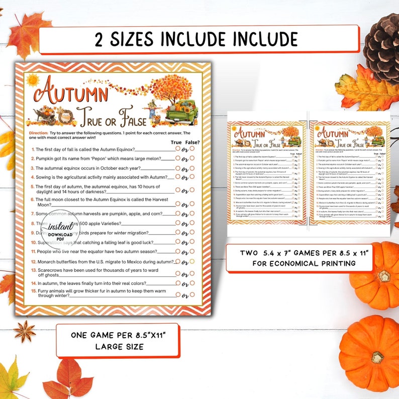 Autumn Trivia, True or False Questionnaire Game, Autumn Printable Game for Kid &amp; Adults Game ...