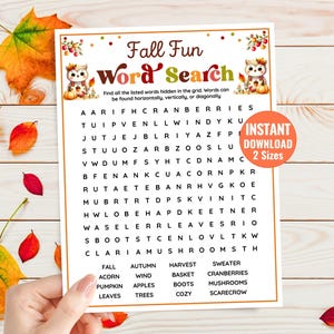 Könnte beinhalten: Ein herbstliches Wortsuchrätsel mit dem Titel "Fall Fun Word Search" und einer Liste von Wörtern, die gefunden werden müssen. Das Rätsel zeigt Illustrationen von Eulen und Herbstblättern. Die zu findenden Wörter sind u.a. "Herbst", "Ernte" und "Preiselbeeren".