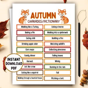 46 Autumn Charades,Pictionary game,Activities for Kids & Adults game,Autumn game, word/sketch game,Charades,Party games,Word guessing game