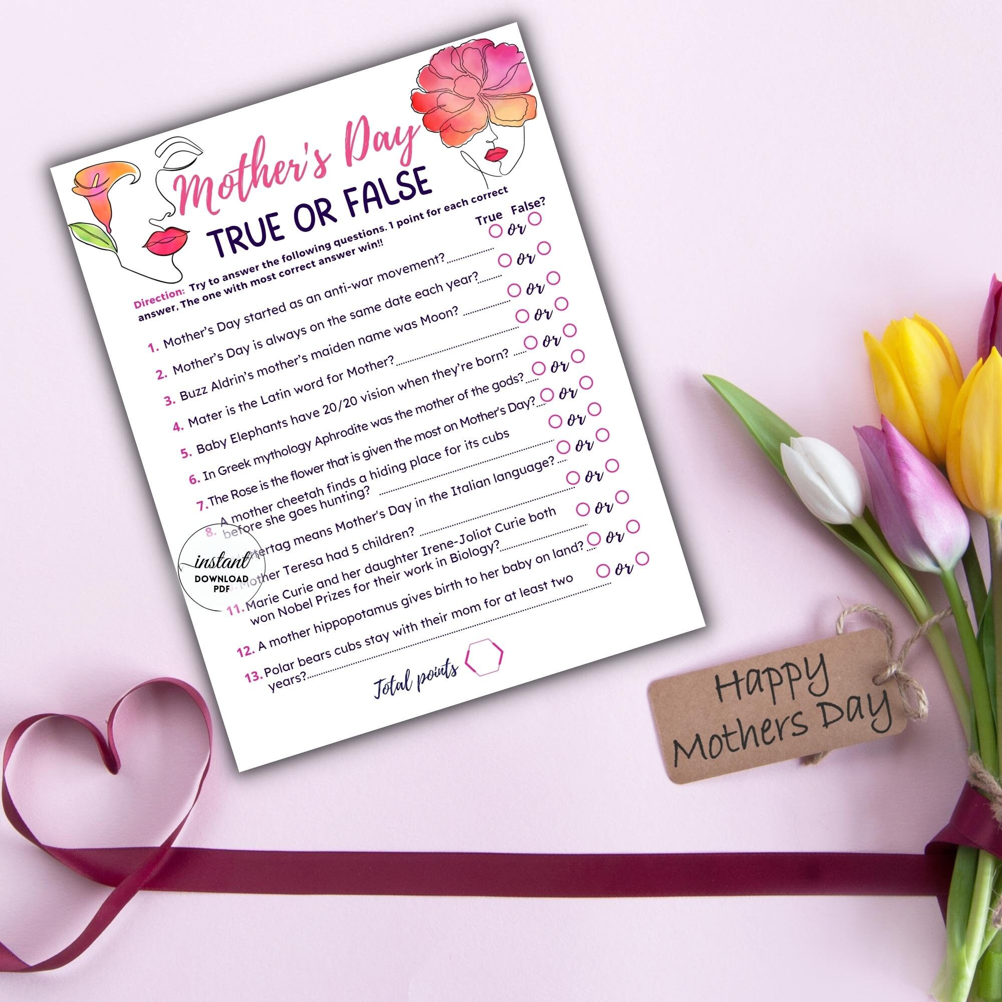 Mother's Day Trivia Quiz True or False Game Mother Day Trivia Game